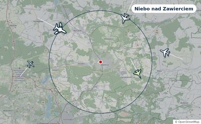 Mapa okolic miasta z sylwetkami samolotów — Niebo nad Zawierciem na żywo