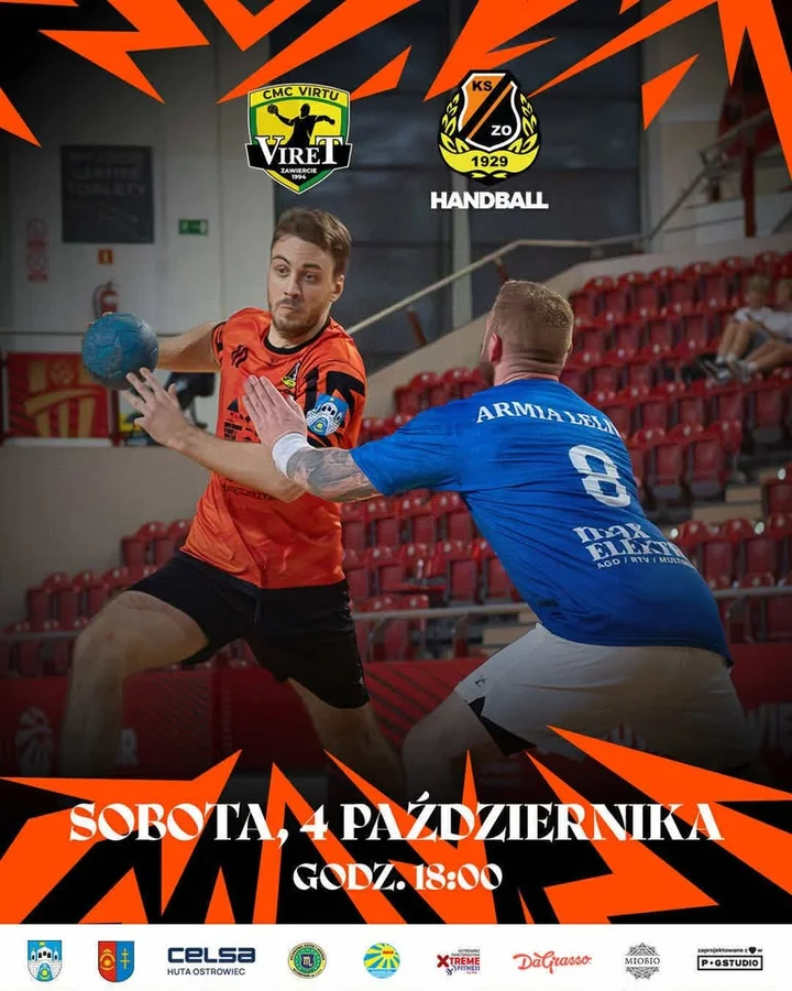Obrazek przedstawia grafikę promocyjną wydarzenia Mecz piłki ręcznej: CMC Virtu Viret Zawiercie kontra KSZO Handball Ostrowiec Świętokrzyski