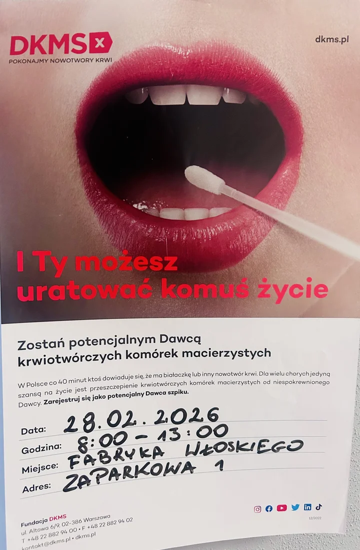 Grafika promocyjna wydarzenia DKMS w Zawierciu — darmowa rejestracja potencjalnych dawców, 28 lutego 2026