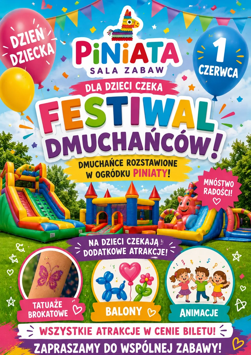Grafika promocyjna wydarzenia Dzień Dziecka w Piniacie w Zawierciu: dmuchańce, animacje i brokatowe tatuaże