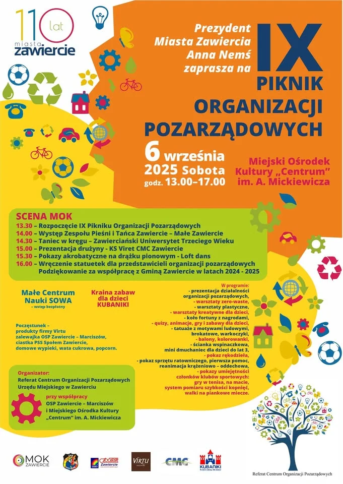 Obrazek przedstawia grafikę promocyjną wydarzenia Piknik organizacji pozarządowych przy MOK Zawiercie