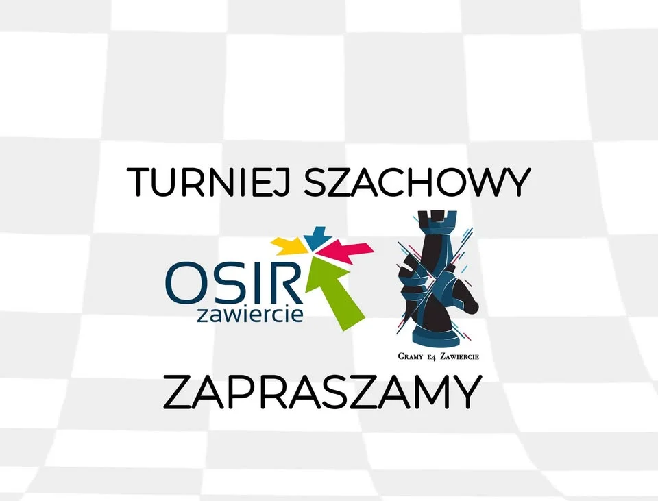 Grafika promocyjna wydarzenia Jurajski Wiosenny Turniej Szachowy 2026 w Zawierciu. Cztery grupy, klasyczne partie i szybkie tempo