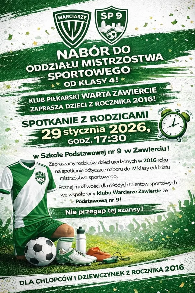 Grafika promocyjna wydarzenia Nabór do klasy sportowej Warta Zawiercie i SP9 (rocznik 2016)
