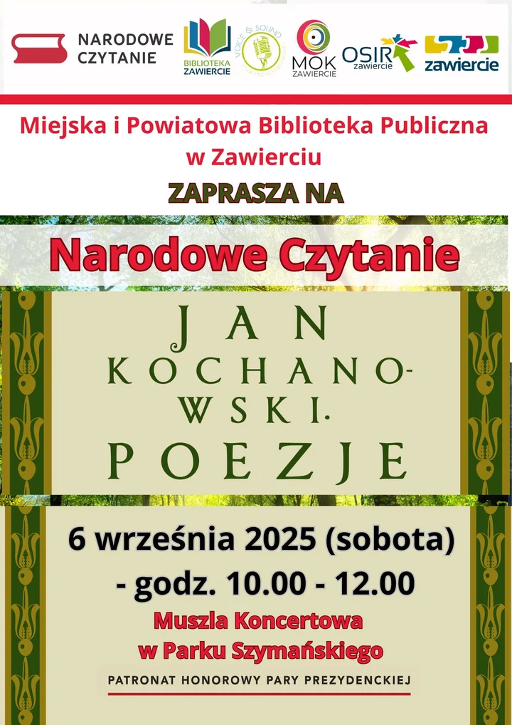 Obrazek przedstawia grafikę promocyjną wydarzenia Narodowe Czytanie 2025 w parku za Pałacykiem Szymańskiego w Zawierciu