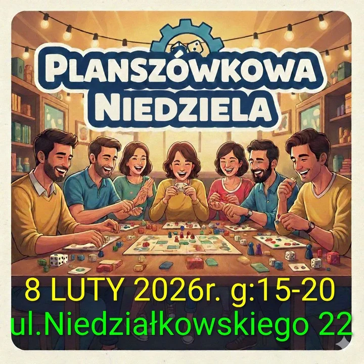 Grafika promocyjna wydarzenia Planszówkowa Niedziela — 8 lutego 2026