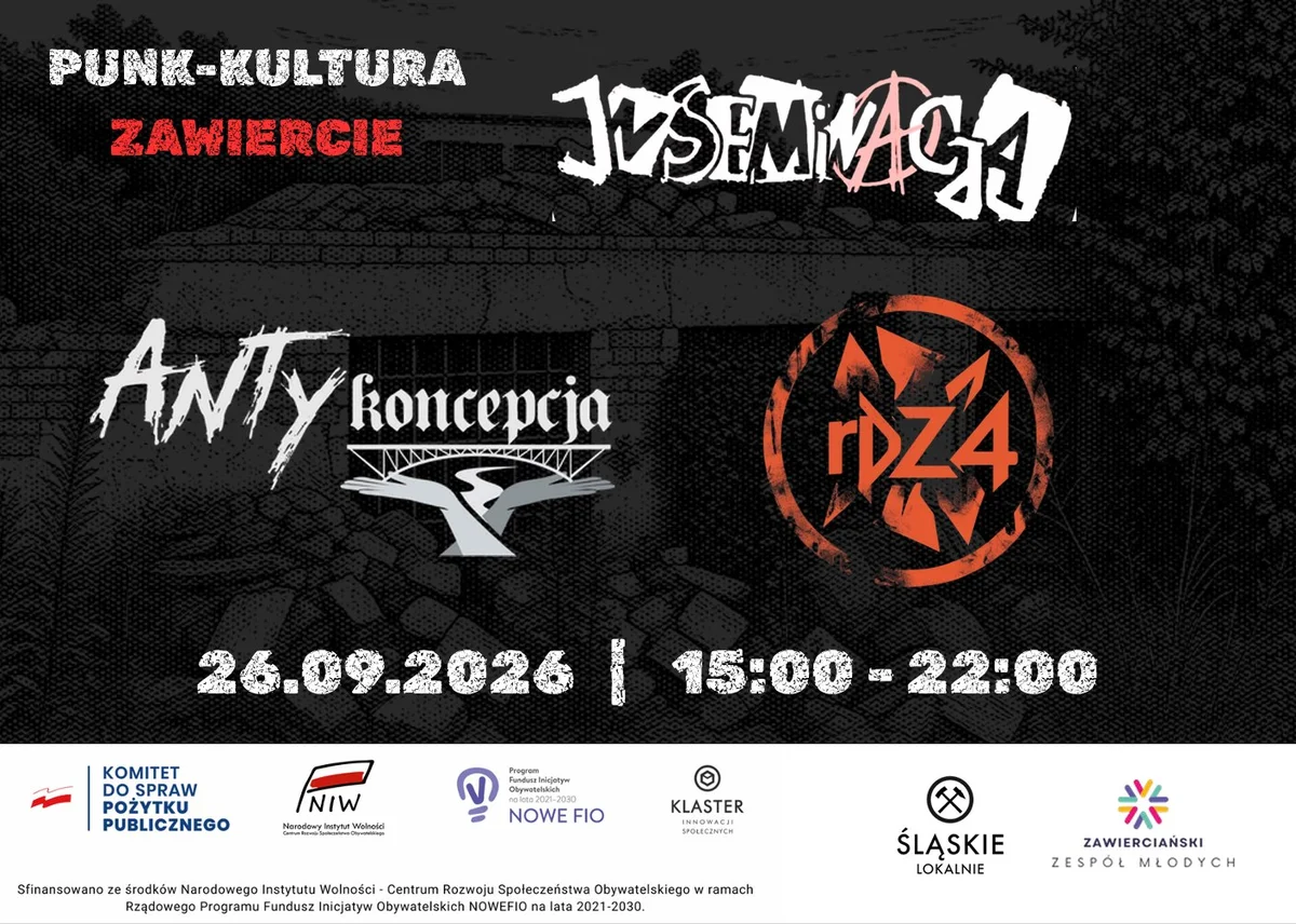Grafika promocyjna wydarzenia PUNK-KULTURA ZAWIERCIE: koncerty i program