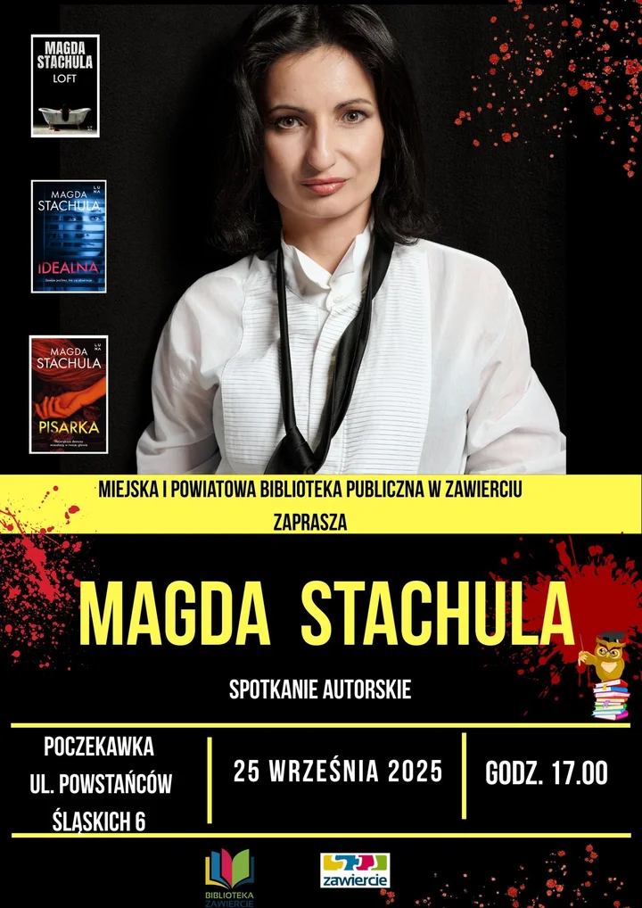 Obrazek przedstawia grafikę promocyjną wydarzenia Spotkanie autorskie z Magdą Stachulą w Bibliotece w Zawierciu