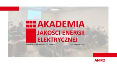 Grafika promocyjna wydarzenia Akademia Jakości Energii Elektrycznej ANIRO — praktyczne warsztaty o jakości zasilania