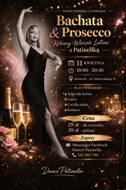 Grafika promocyjna wydarzenia Bachata & Prosecco w Zawierciu — kobiecy wieczór latino z Patinellką