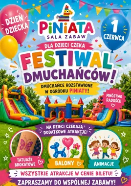 Grafika promocyjna wydarzenia Dzień Dziecka w Piniacie w Zawierciu: dmuchańce, animacje i brokatowe tatuaże