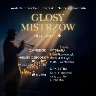 Grafika promocyjna wydarzenia Głosy Mistrzów przy świecach w Zawierciu – koncert z utworami legend polskiej sceny