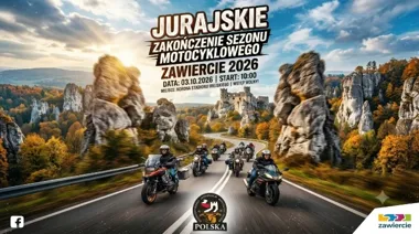 Grafika promocyjna wydarzenia Jurajskie Zakończenie Sezonu Motocyklowego Zawiercie 2026: parada i ognisko