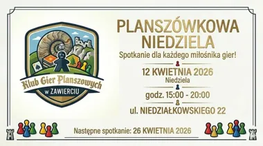 Grafika promocyjna wydarzenia Planszówkowa Niedziela w Zawierciu – popołudnie z grami planszowymi