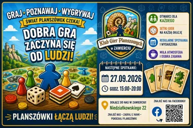 Grafika promocyjna wydarzenia Planszówkowa Niedziela w Zawierciu