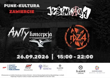 Grafika promocyjna wydarzenia PUNK-KULTURA ZAWIERCIE: koncerty i program