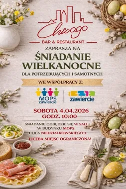 Grafika promocyjna wydarzenia Śniadanie Wielkanocne w Zawierciu dla samotnych i potrzebujących