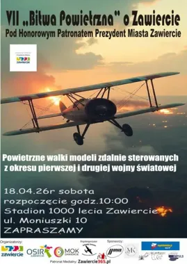 Grafika promocyjna wydarzenia VII Bitwa Powietrzna o Zawiercie 2026 – pokazy modeli RC z czasów I i II wojny światowej