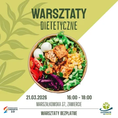 Grafika promocyjna wydarzenia Warsztaty Dietetyczne — praktyczne zajęcia o zdrowym odżywianiu