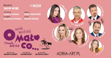 Grafika promocyjna wydarzenia „O mało co…” w Zawierciu. Anna Mucha i Michał Sitarski w kultowej komedii