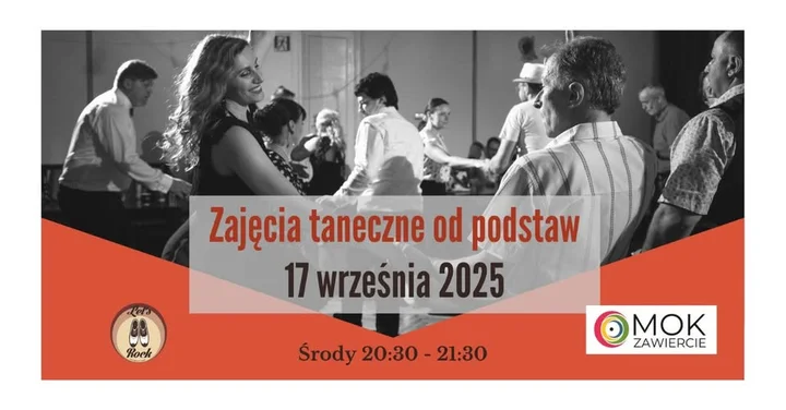 Obrazek przedstawia grafikę promocyjną wydarzenia Kurs Lindy Hop dla dorosłych w Zawierciu — nowa edycja