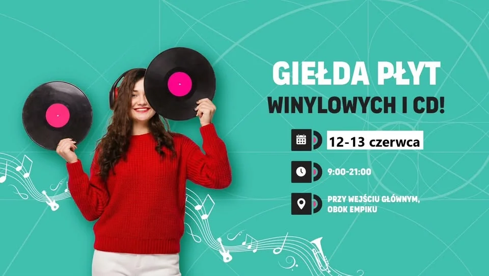 Grafika promocyjna wydarzenia Kiermasz płyt winylowych i CD w Bramie Jury w Zawierciu