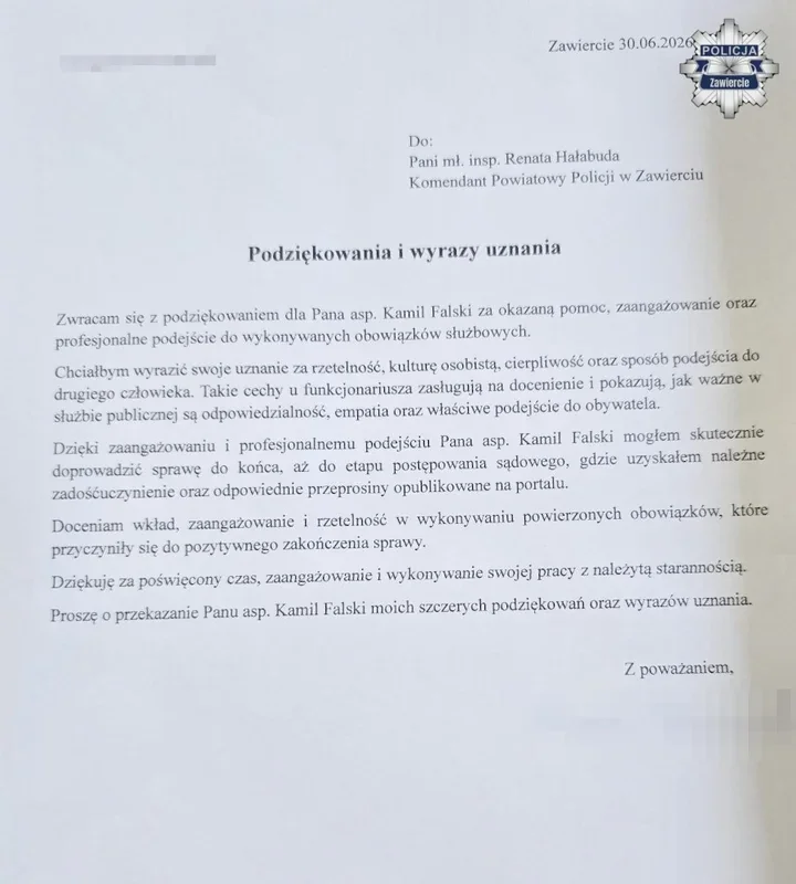 Podziękowania dla policjanta z Zawiercia po sprawie o zniesławienie