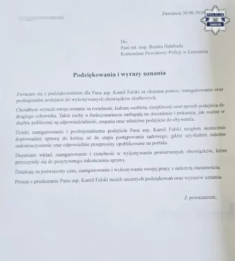 Podziękowania dla policjanta z Zawiercia po sprawie o zniesławienie