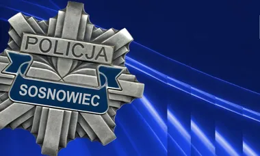 Grafika z policyjnym odznakowaniem Policji Sosnowiec na niebieskim tle.
