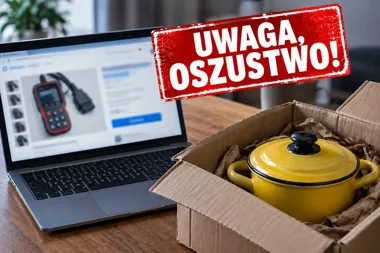 Na biurku stoi laptop z otwartą stroną zakupów internetowych oraz karton z żółtym garnkiem ceramicznym, a nad całością umieszczono czerwony napis ostrzegający p
